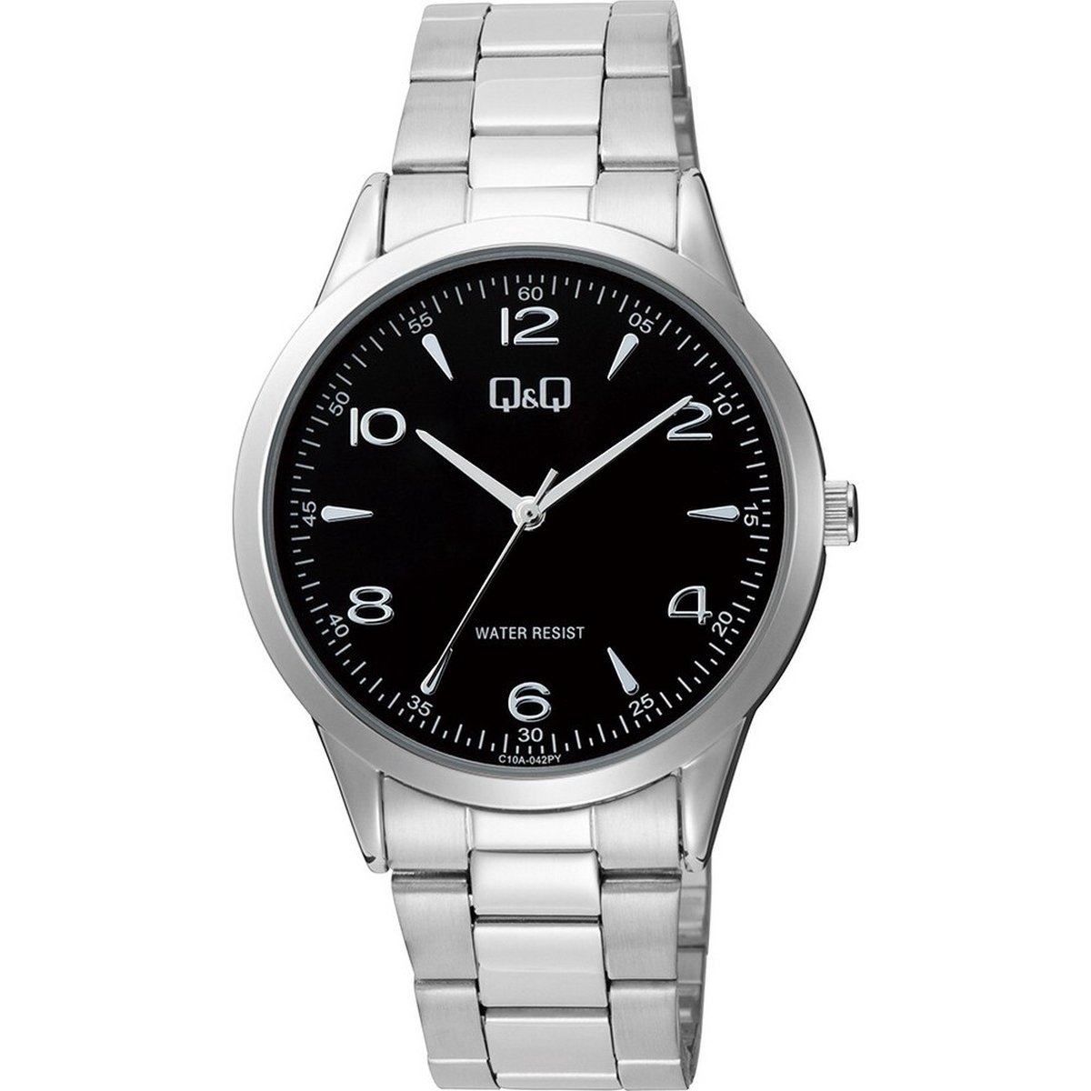 QQ C10A-042PY - Horloge - Analoog - Heren - Mannen - stalen band - Rond - Metaal - Cijfers - Streepjes - Zilverkleurig - Zwart