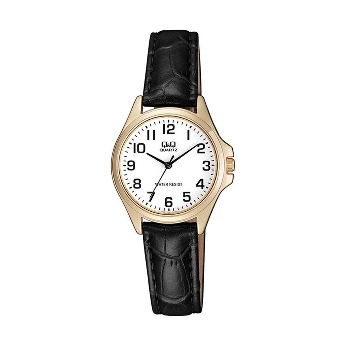 QQ QA07J104Y - Horloge - Analoog - Vrouwen - Dames - Leren band - Rond - Metaal - Cijfers - Zwart - Goudkleurig - Wit - 3 ATM