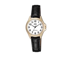 Q&Q QA07J104Y - Horloge - Analoog - Vrouwen - Dames - Leren band - Rond - Metaal - Cijfers - Zwart - Goudkleurig - Wit - 3 ATM