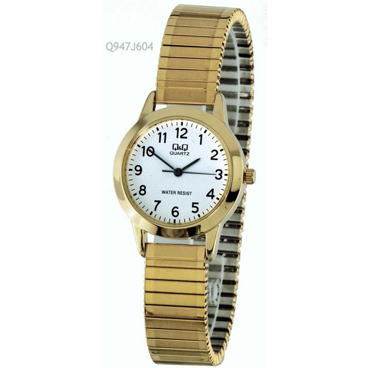QQ Q947J604Y - Horloge - Analoog - Dames - Vrouwen - Rekbare stalen band - Rond - Staal - Cijfers - Goudkleurig - Wit