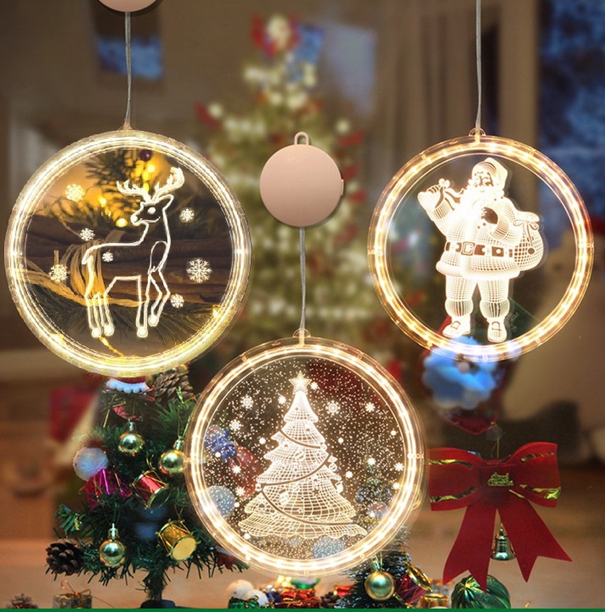 LED kerstverlichting(Set van 3 )-kerstman & kerstboom & rendier -Led Zuignap Venster Hanglampen- voor ramen-Kerst decoratie verlichting-Kerst Raamverlichting-16CM