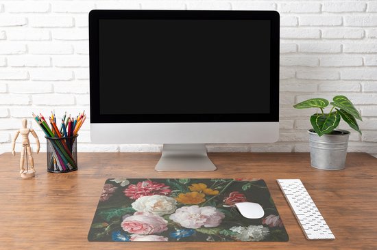 Bureau onderlegger 60x40 cm - Muismat Stilleven met bloemen in een glazen vaas - Schilderij van Jan Davidsz. de Heem - Bureaulegger xl - Desk mat beschermer - Computer muismatten