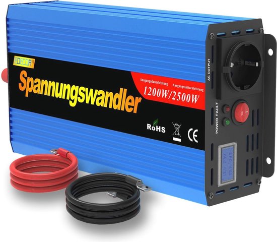 Convertisseur 12V/230V OLTEANP 2500W Onde Pure - 2 Prises CA + USB + Type-C - Télécommande LCD