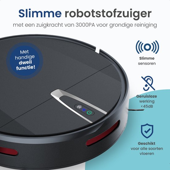 Zwarte robotstofzuiger met een slimme dweilfunctie, 3000PA zuigkracht en sensoren.