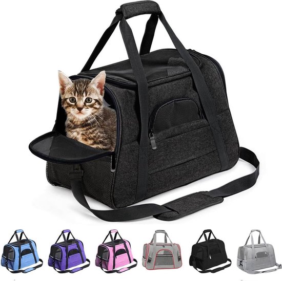 Boîte de transport pour petit Chiens – Boîte pliable et respirante pour Chats et Chiens – Cage de transport réglable avec Matras en peluche amovible – Zwart