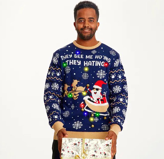 Foute Kersttrui met Lichtjes Dames & Heren - Lampjes - Christmas Sweater LED "They See me Ho'ing" Maat M