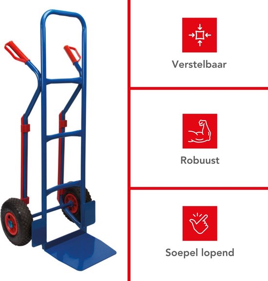 Blauwe steekwagen met rode handgrepen en informatie: verstelbaar, robuust, soepel lopend.