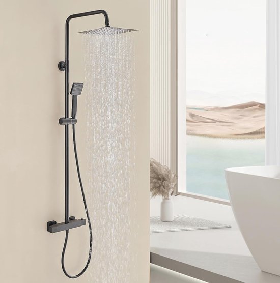 Douchesysteem met thermostaat (zwart) douchearmatuur 30 cm regendouche doucheset douchezuil douche douchekop regen, handdouche, 30 x 35,7 x 6,2 cm