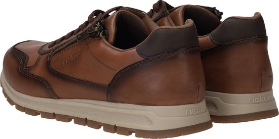 Bruine leren sneakers, achterkant, met veters en ritssluiting.