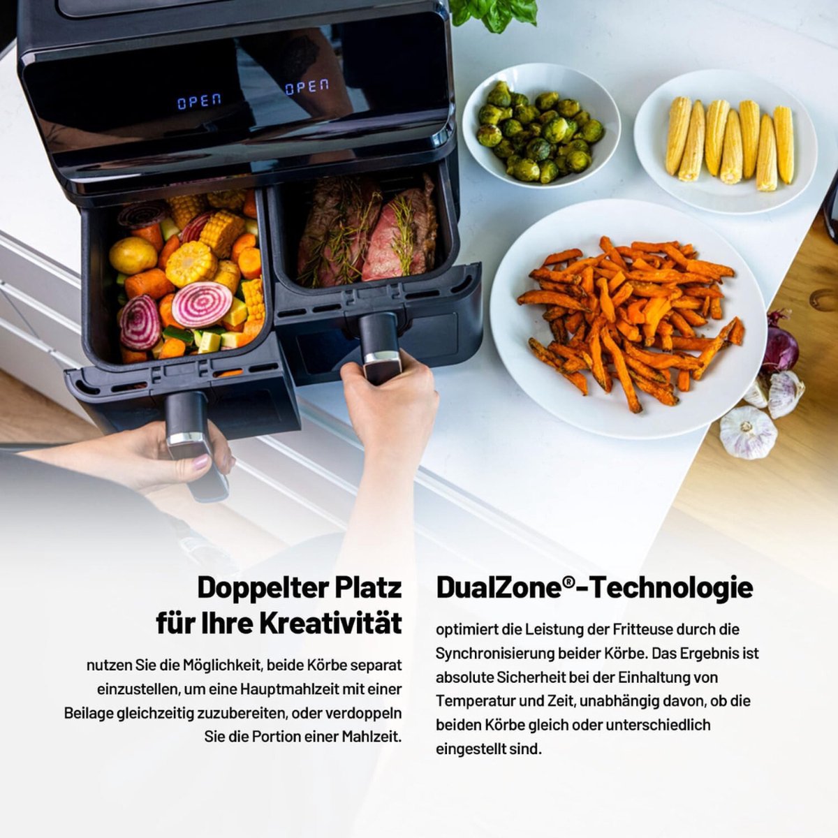 Afbeelding 3 van Equivera Dubbele Airfryer - Dubbele Mand - Dual Cook - Heteluchtfriteuse - Verschillende Programma's - Dual Zone - Mega
