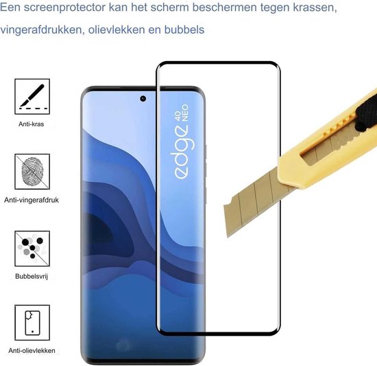 Motorola Edge 40 Neo met schermprotector, met iconen voor anti-kras, anti-vingerafdruk, bubbelvrij en anti-olie.