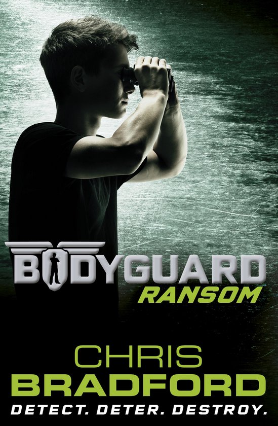 Jonge jongen met verrekijker, titel 'BODYGUARD RANSOM' door Chris Bradford.
