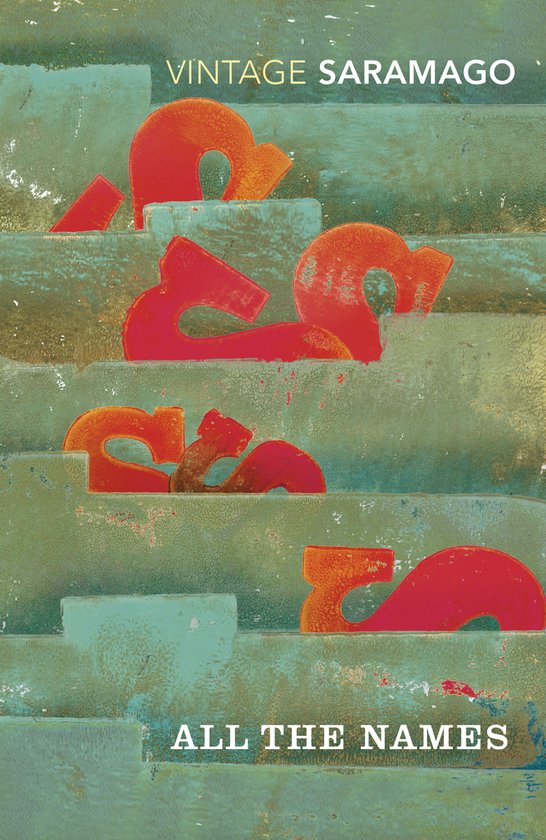 VINTAGE SARAMAGO 'ALL THE NAMES'. Rode, abstracte vormen op een verweerde, turquoise trap.