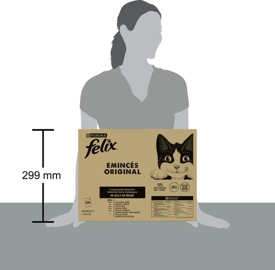 Felix Original Emincés Countryside Selection in Gelei, 60x met Kip, Rund, Kip &amp; Koe, Kip &amp; Kip, Kip &amp; Konijn, Kip &amp; Lam. Doos van 120x85g. Een vrouw houdt de doos vast.