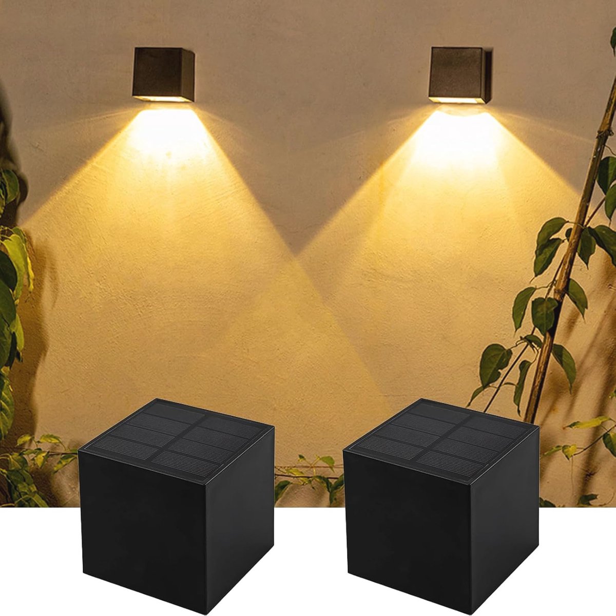 Zonnelampen voor Buiten - Draadloze Wandlampen op Zonne-energie, Warmwit en RGB Modus, Wat