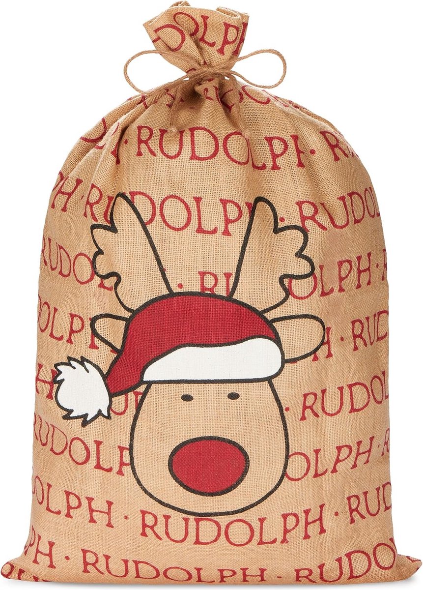 BRUBAKER Kerstzak Rudolph - 80 cm cadeauzak voor Kerstmis - rendier met kerstmuts - kersttas van jute - zak met koord voor het verpakken van geschenken
