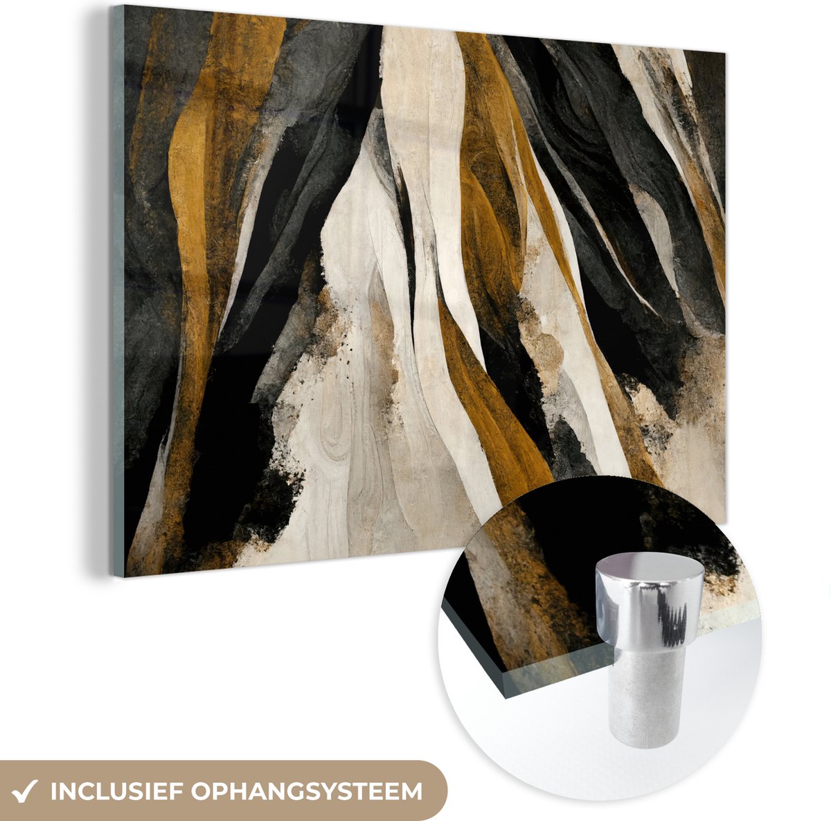MuchoWow® Glasschilderij 30x20 cm - Schilderij acrylglas - Verf - Landschap - Bruin - Zwart - Foto op glas - Muurdecoratie woonkamer - Wanddecoratie slaapkamer - Schilderijen