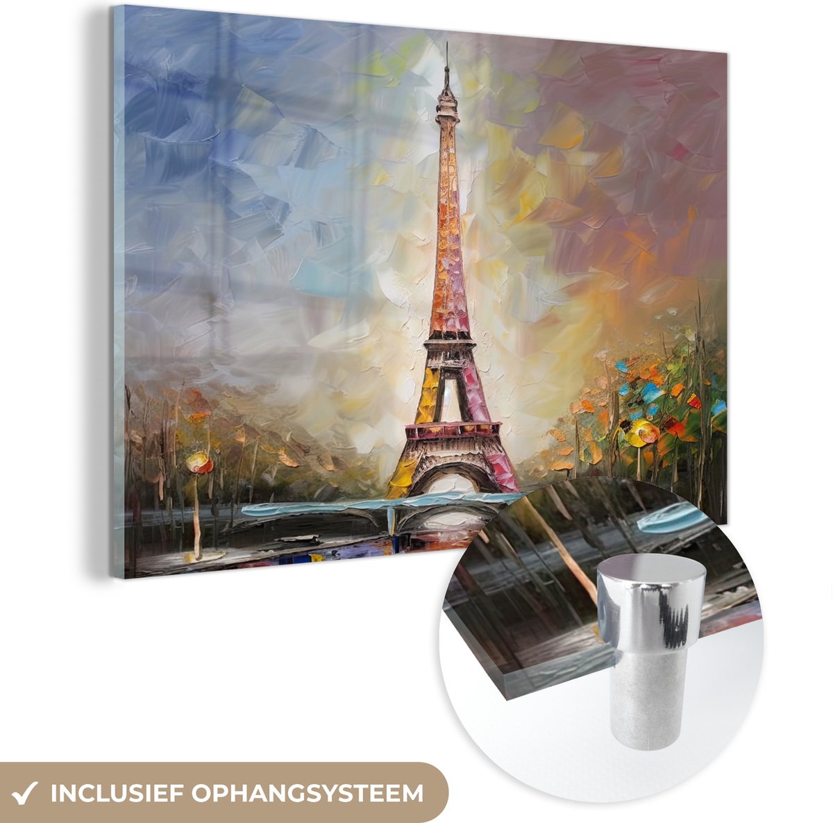 MuchoWow® Glasschilderij 30x20 cm - Schilderij acrylglas - Eiffeltoren - Schilderij - Olieverf - Parijs - Foto op glas - Muurdecoratie woonkamer - Wanddecoratie slaapkamer - Schilderijen