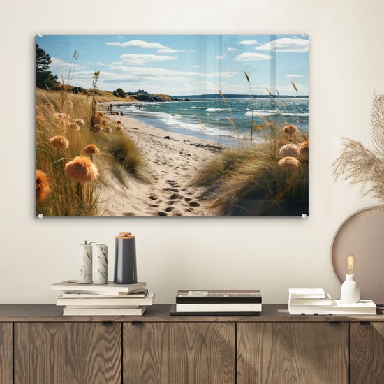 MuchoWow® Glasschilderij 60x40 cm - Schilderij acrylglas - Strand - Duinen - Helmgras - Zee - Zand - Foto op glas - Muurdecoratie woonkamer - Wanddecoratie slaapkamer - Schilderijen