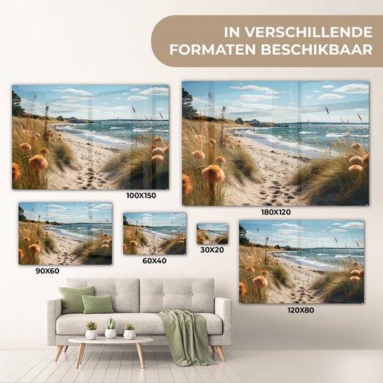 MuchoWow® Glasschilderij 60x40 cm - Schilderij acrylglas - Strand - Duinen - Helmgras - Zee - Zand - Foto op glas - Muurdecoratie woonkamer - Wanddecoratie slaapkamer - Schilderijen