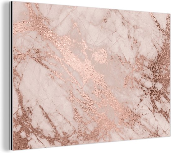 Wanddecoratie Metaal - Aluminium Schilderij Industrieel - Marmer - Roze - Luxe - Marmerlook - Glitter - Design - 90x60 cm - Dibond - Foto op aluminium - Industriële muurdecoratie - Voor de woonkamer/slaapkamer