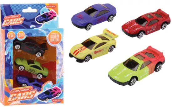 Voiture de course moulée sous pression à changement de couleur, 3 pièces.