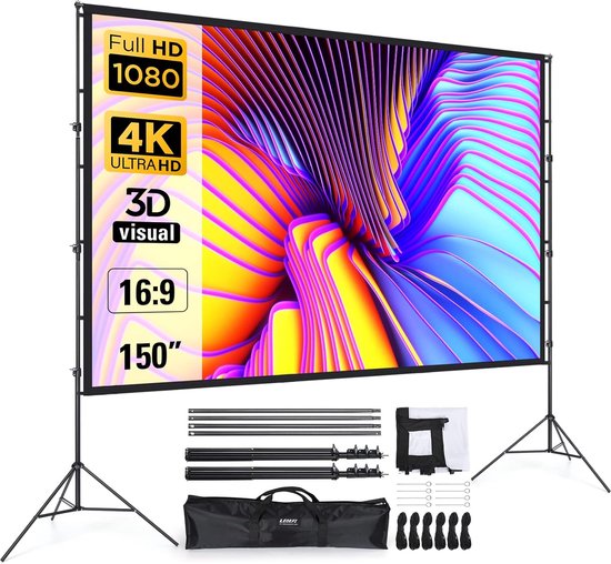 Beamerscherm voor buiten, met statief, 150 inch (16:9), draagbaar projectiescherm, windbestendig projectiescherm, glasvezel, stabiele steun, statief/wandmontage, voor tuinfeesten, thuisbioscoop