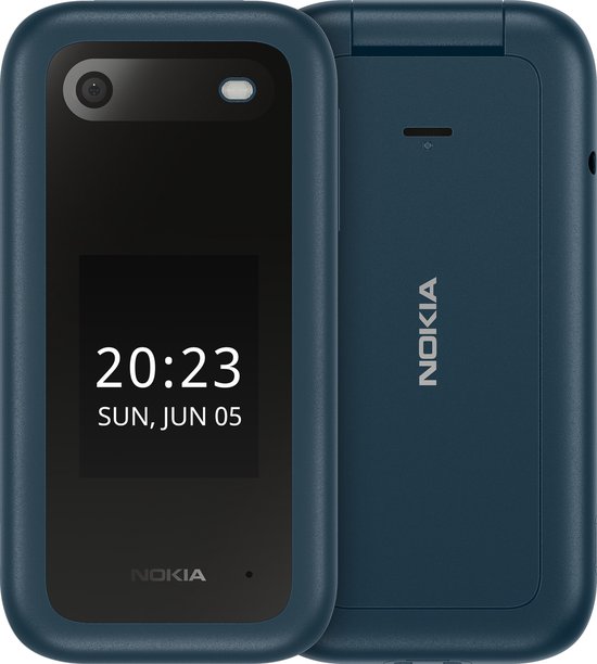 Donkerblauwe Nokia 2660 Flip telefoon, deels open met display en camera aan de voorkant, en gesloten achterkant met Nokia logo.