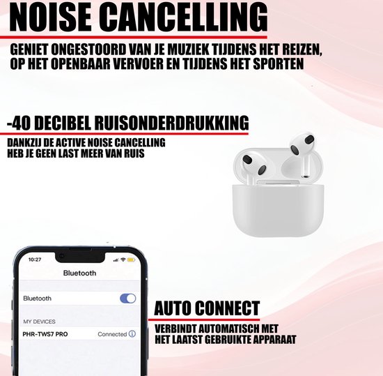Witte draadloze oortjes met oplaadcase en een telefoon die "PHR-TWS7 PRO" verbonden weergeeft. Tekst "NOISE CANCELLING", "-40 DECIBEL RUISONDERDRUKKKING", "AUTO CONNECT".