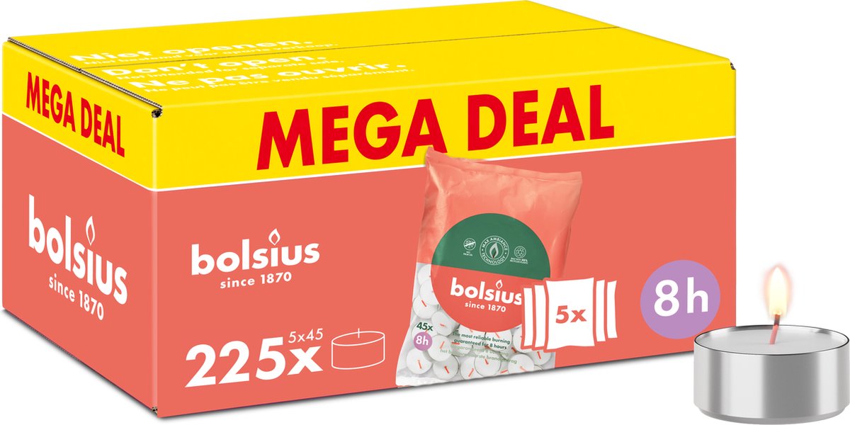 Bolsius Grootverpakking Waxinelichtjes - 225 Stuks - Theelichtjes - Wit - 8 branduren - Duurzamere Theelichten