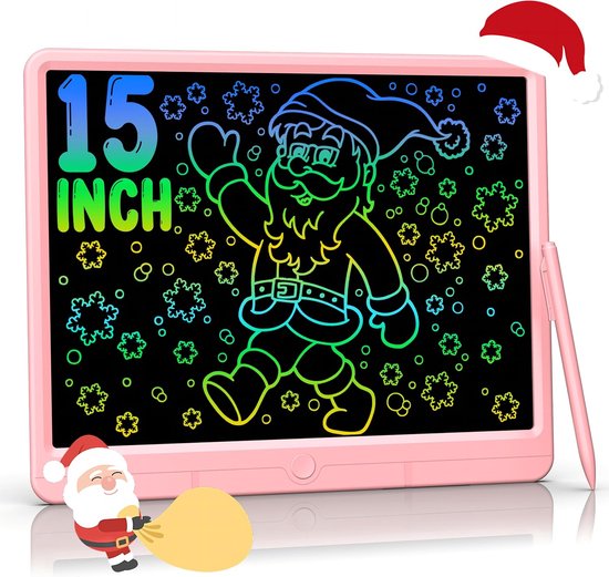 Roze 15-inch tekentablet met een kleurrijke tekening van de Kerstman en sneeuwvlokken. Stylus en kerstman decoratie.