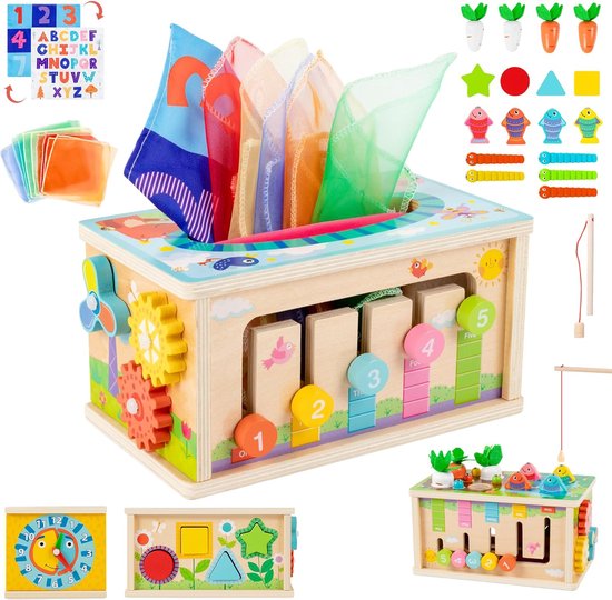 Montessori Houten speelgoed, 7-in-1 babyspeelgoed, tissuedoos, wortels Montessori Houten speelgoed, 7-in-1 babyspeelgoed, tissuedoos, wortels