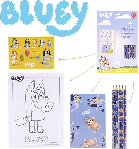 Foto: Kleurset bluey tekenset schrijfwarenset schoolset tekenen en kleuren kleurplaten kleurpotloden en stickers a4 bluey blauw hondje