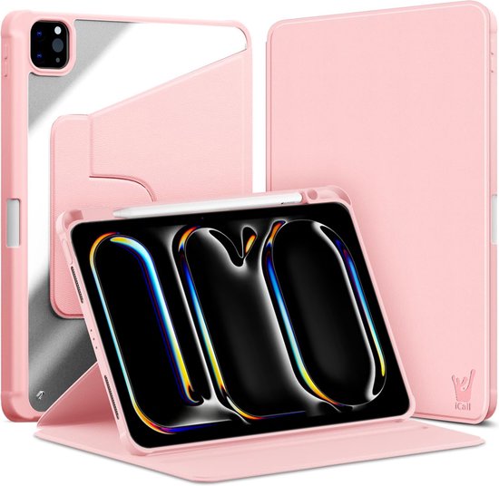 Roze iPad-hoes met een standaardfunctie, gesloten en geopend, met een potloodhouder.
