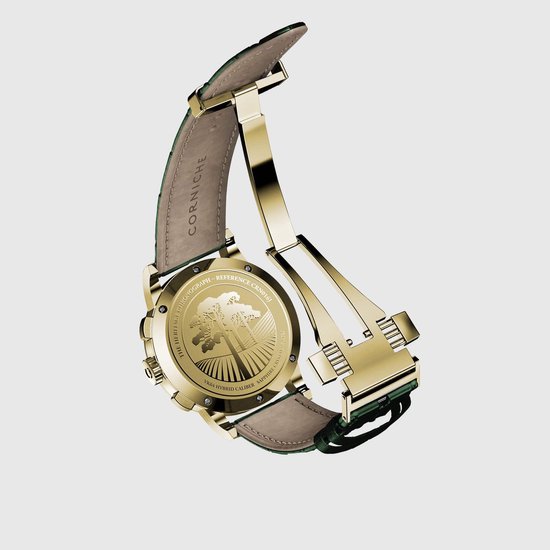Corniche Heritage Chronograph CRN-016J - Acier Goud - Cuir vert - Fermoir papillon - Étanche 5ATM - Verre saphir - Montre homme