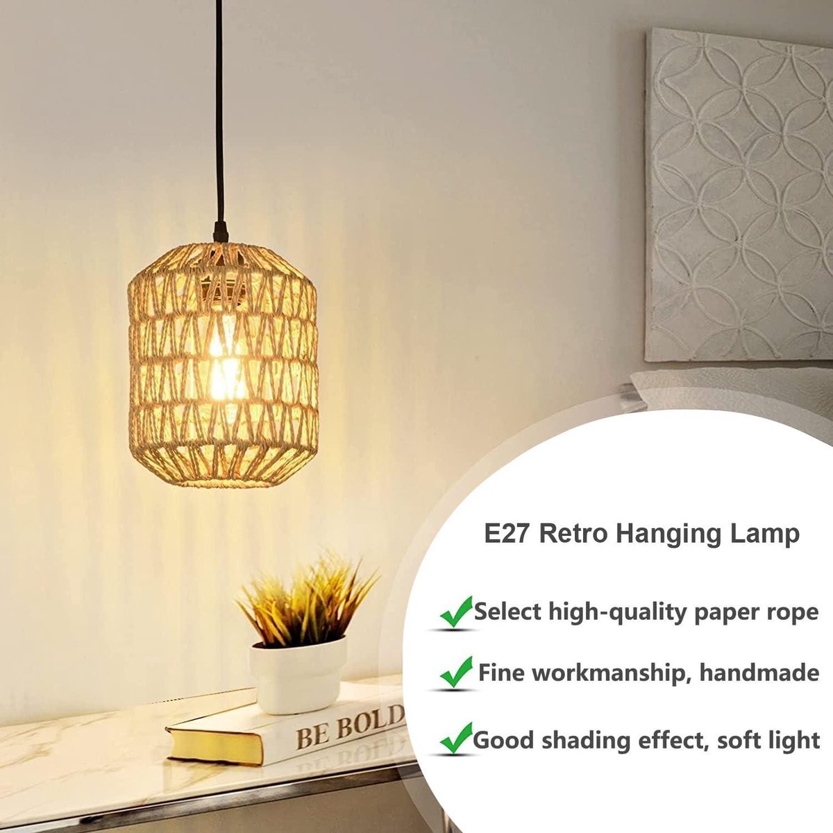 CWVYKNP Bruine rotan hanglamp, rieten hangplafondlamp, Aziatische, rustieke hanglamp, kustlamp, verstelbare lampenkap voor eetkamer, woonkamer, keuken, eiland, foyer, slaapkamer