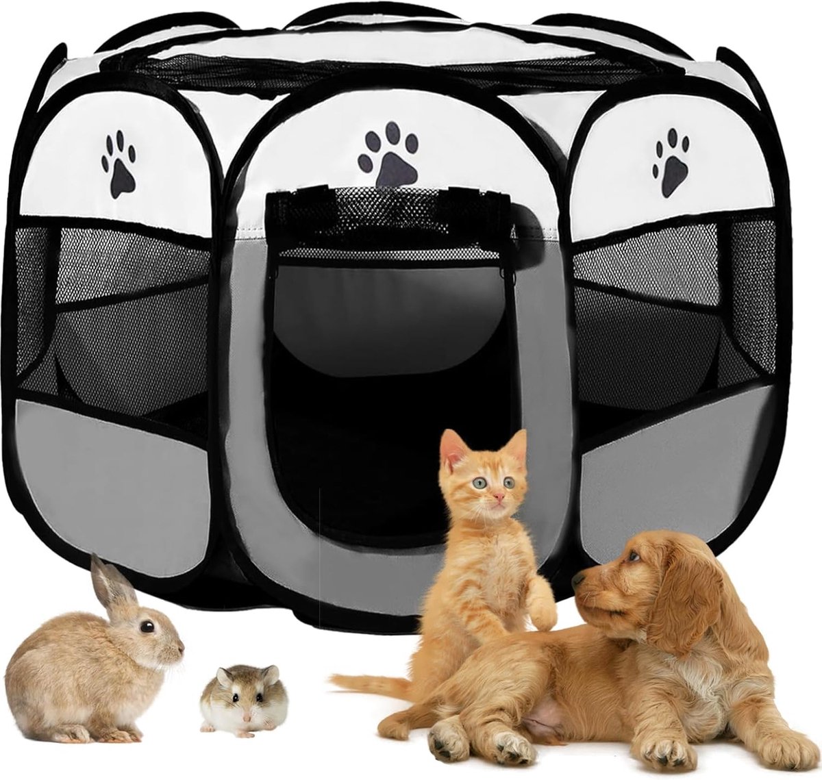 Puppybox, 91 x 91 x 58 cm, opvouwbare hondenren voor woning, kattenverblijf, konijnenren binnen, voor hondenbox, katten, hazen en kleine dieren, zowel binnen als buiten (grijs)