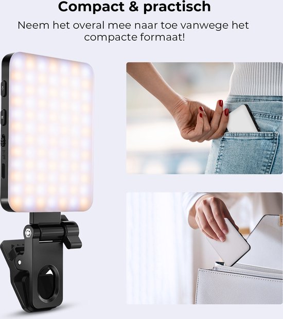 Compacte, oplaadbare LED-videolamp die gemakkelijk in een broekzak of tas past.