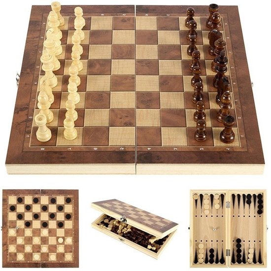 Foto: 29x29 cm schaakset 3 in 1 dambord backgommen schaakbord met stukken schaakspel schaakpakket dambordspel dammen damspel backgammonspel backgammon tavla tawle trictrac narde acey deucey