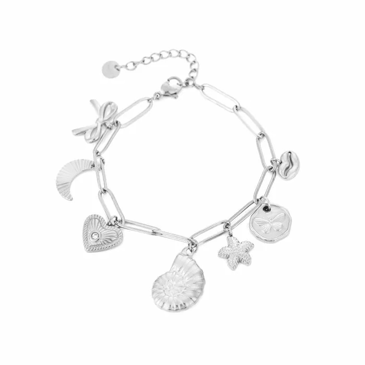 Bedelarmband zilver stainless steel nikkelvrij met schelp ster en hart bedel - dames