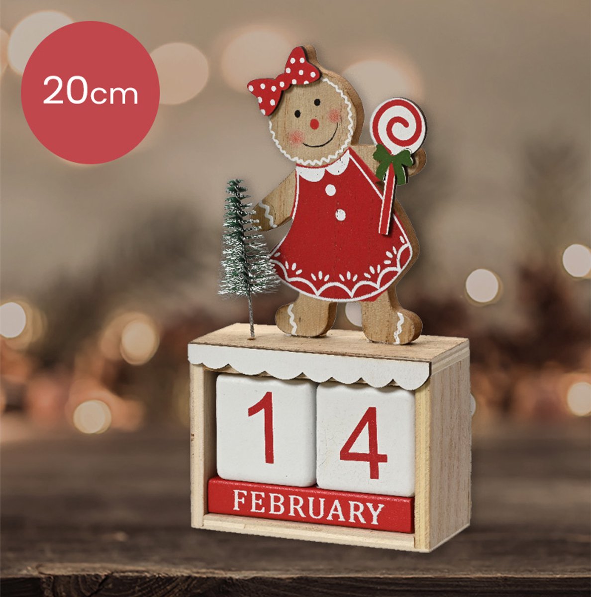 Houten Kerst adventskalender met gingerbread vrouwtje en witte blokken - 20 cm