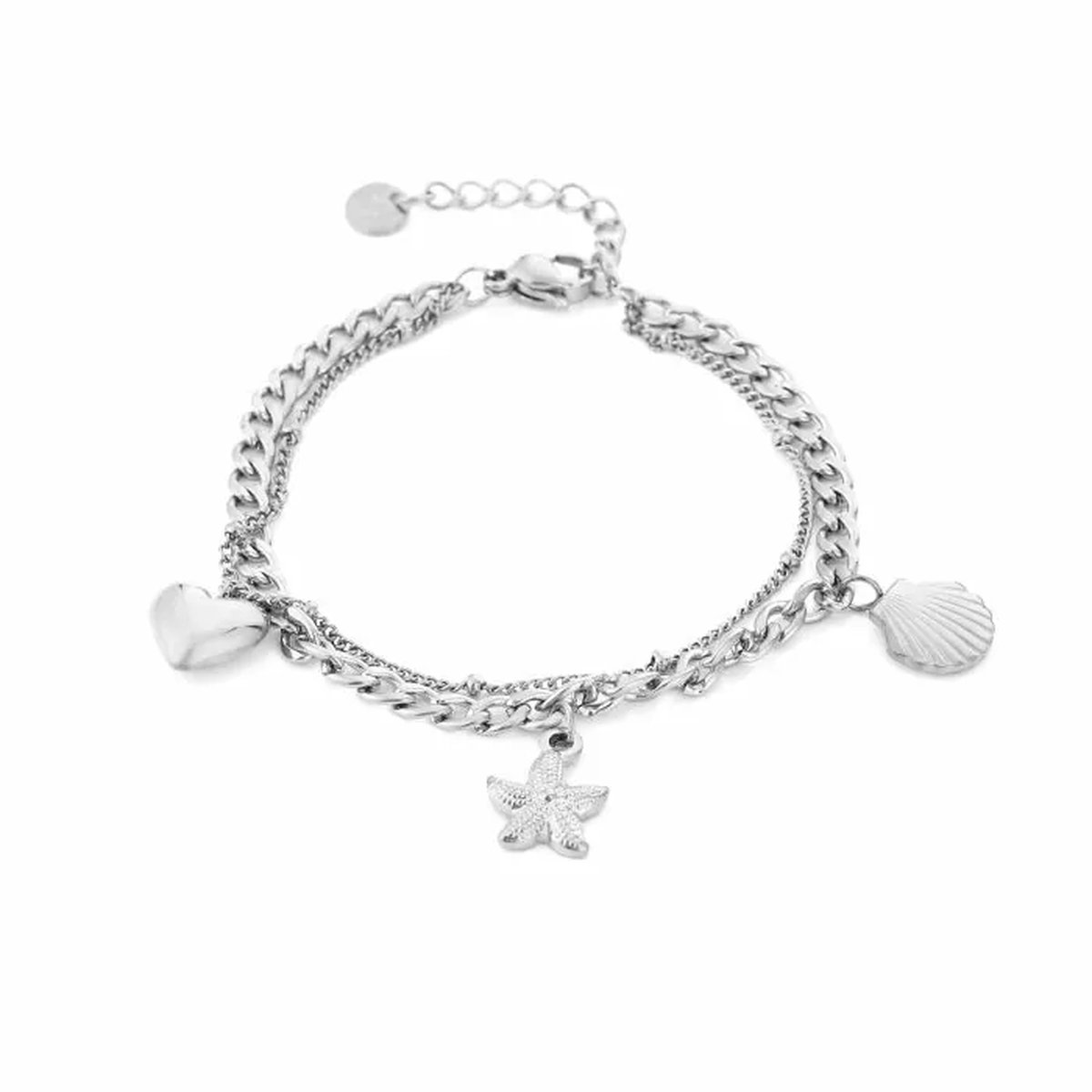 Armband bedels zilver - stainless steel waterproof nikkelvrij zeester hart en schelp - dames zilver