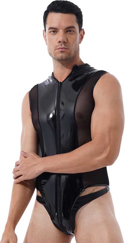 Mannen latex wetlook Catsuit - Erotische bodysuit PU Leder - Jumpsuit - Mouwloos - Transparante zijkanten - Ritssluiting