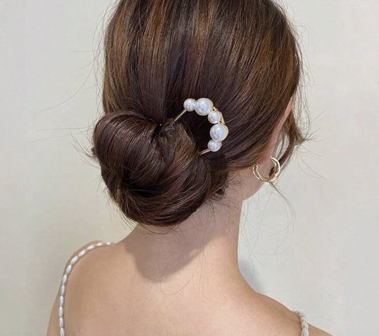 Ornement de cheveux sur une grosse épingle de couleur dorée ornée de perles de couleur ivoire de différentes tailles, notamment pour un chignon ou un twist (mariage, communion, cosplay, sortie, Kpop, kawaii)