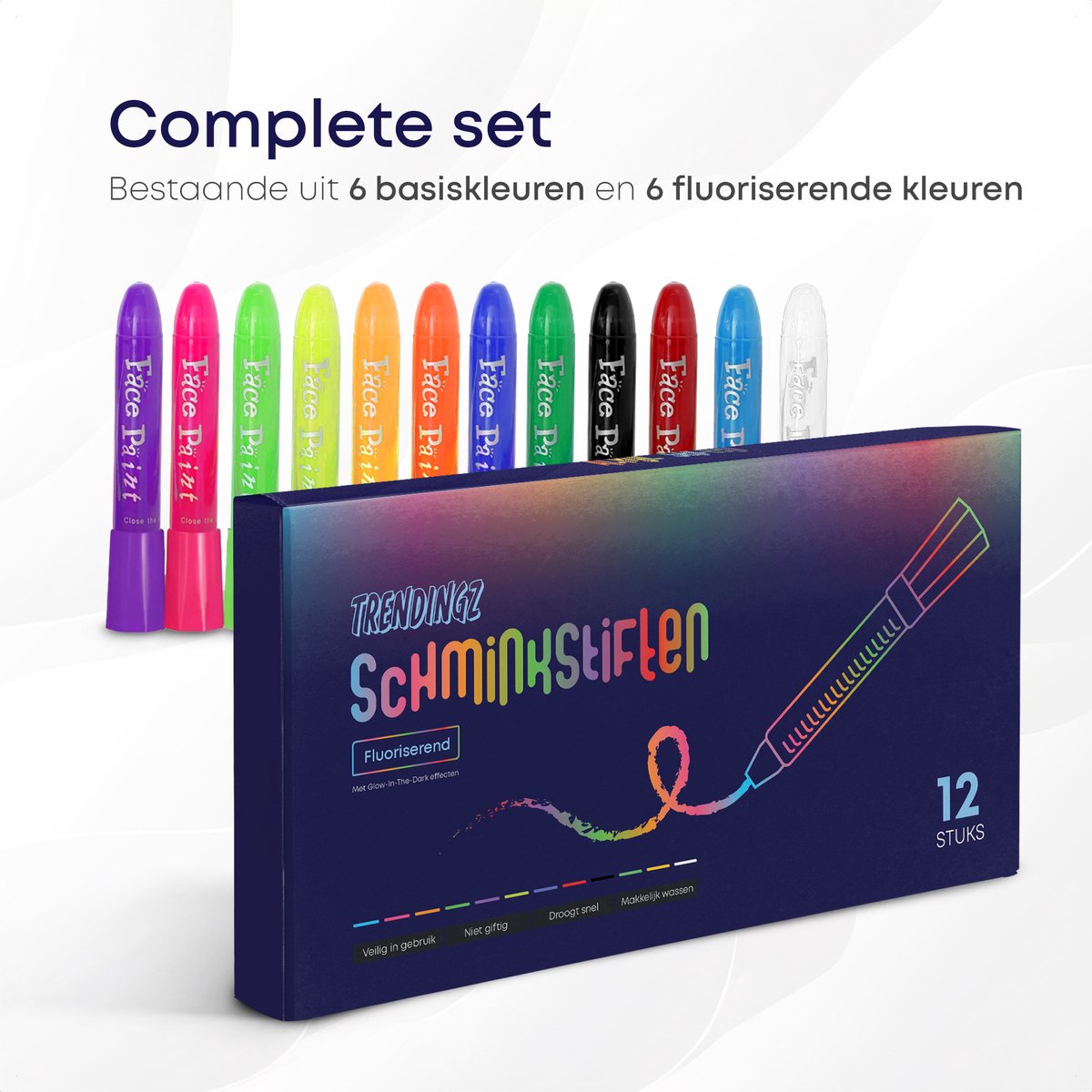 TrenDingz® Schminkstiften - Schmink Set Krijtjes - 12 Stuks Kleuren - Fluoriserend - Glow-In-The-Dark — afbeelding 2