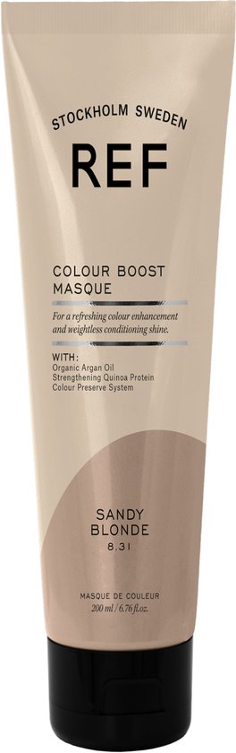 REF Colour Boost Masque Sandy Blonde 8.31. Beige tube met donkerbruine onderkant.