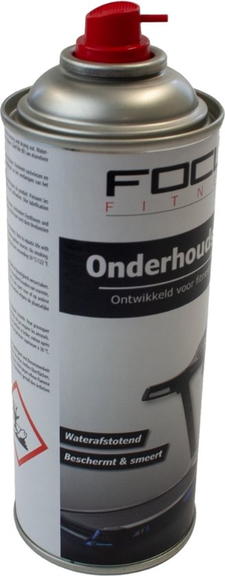 Spuitbus met rode tuit en tekst 'Onderhoud'. Afbeelding van een loopband. Waterafstotend.