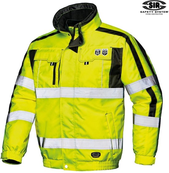 Gele pilotjack met zwarte accenten en reflecterende strepen. Met opstaande kraag en twee borstzakken. SIR SAFETY logo bovenin.