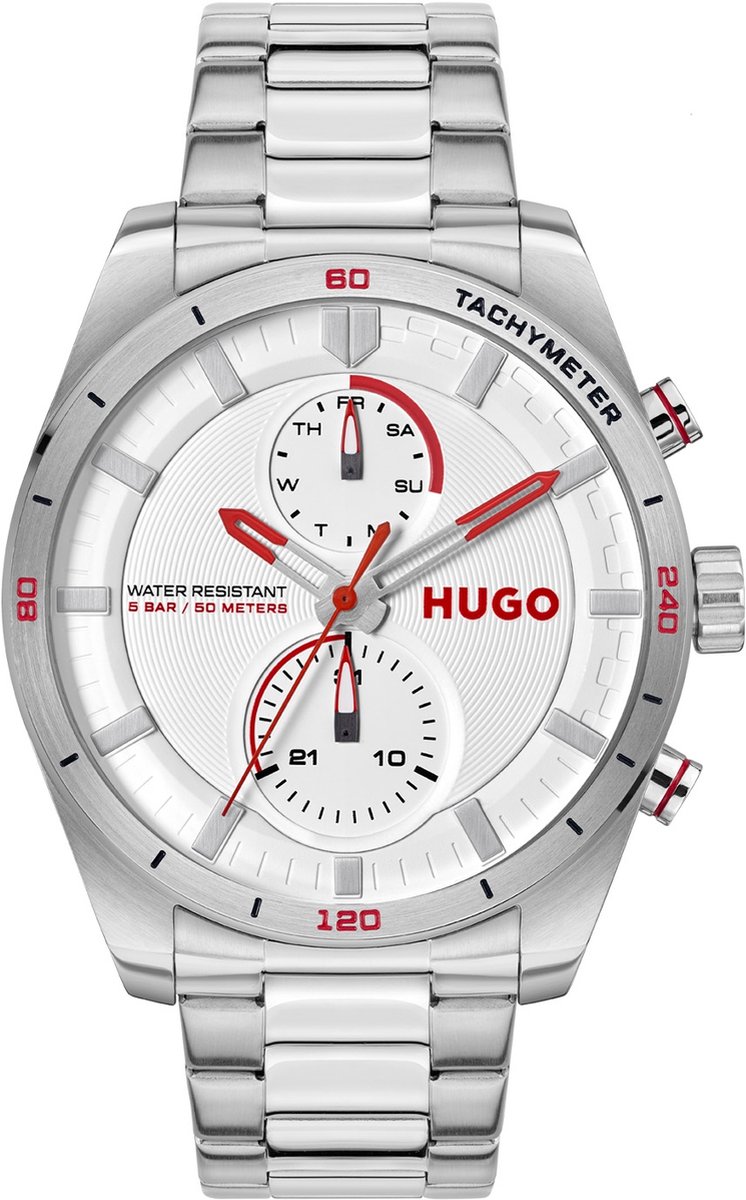 HUGO HU1530373 #FAST Heren Horloge - Mineraalglas - Staal - Zilverkleurig - 44 mm breed - Quartz - Vouw-Vlindersluiting - 5 ATM (douchen)