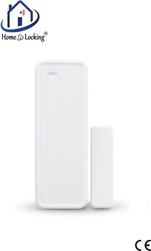 Twee witte, rechthoekige magneetcontacten voor ramen en deuren van Home-Locking met CE-logo.